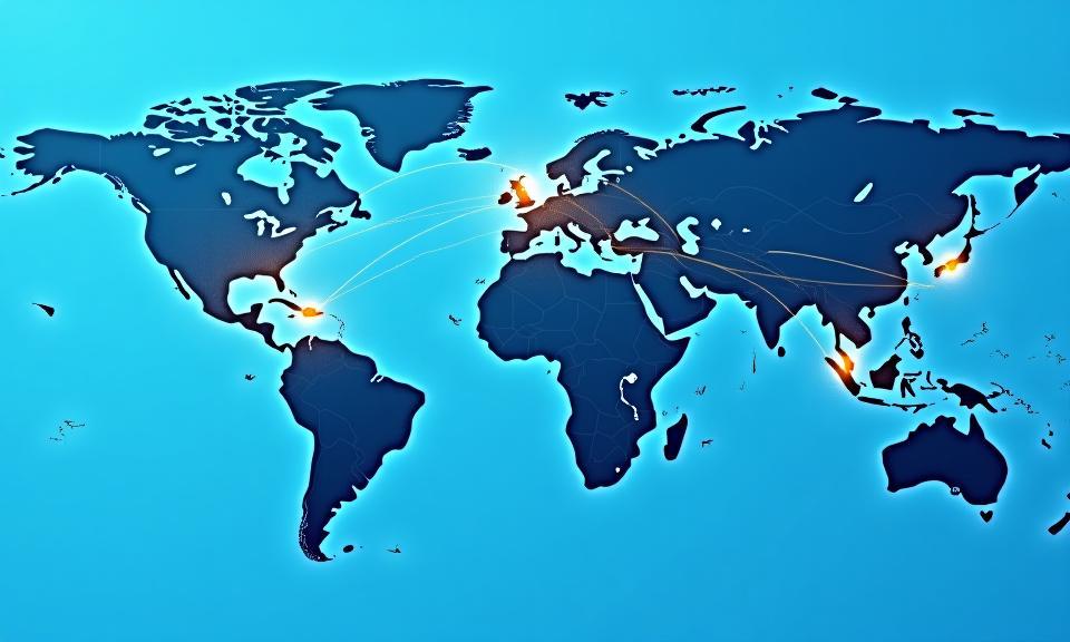 Mapa mundial estilizado con líneas de conexión resaltando redes comerciales